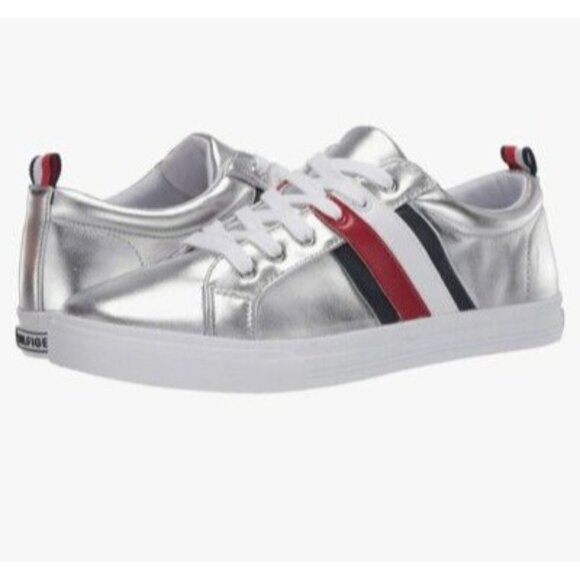 Tommy Hilfiger Silver Metallic Sneakers W/ Red & Navy Stripes 8 USA Patriotic - Picture 1 of 11